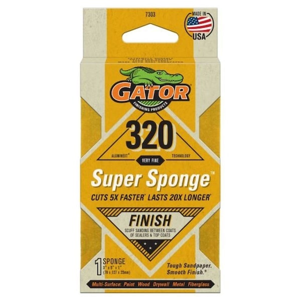 Gator Sanding Sponge, 5 in L, 3 in W, 320 Grit, Aluminum Oxide Abrasive - 7303