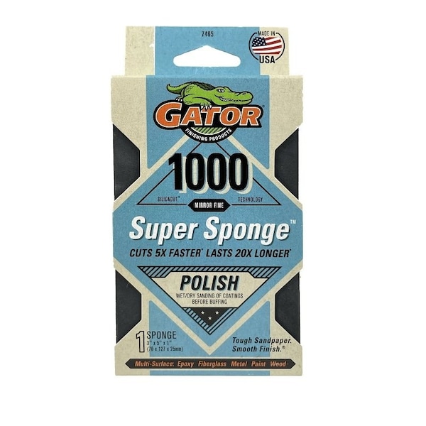 Gator Sanding Sponge, 5 in L, 3 in W, 1000 Grit, Mirror Fine, Silicon Carbide Abrasive - 7465