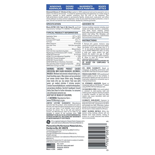 Silicone Ii GE Advanced White Silicone 2 Window and Door Caulk Sealant 10.1 oz - GE-5010