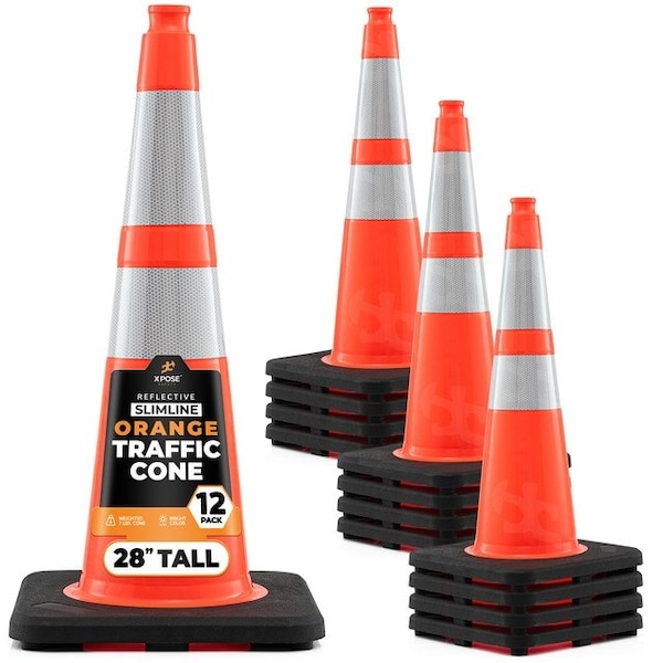 Xpose Safety 28 In Orange Slim Line Traffic Cones with 6 & 4 Collars, 12-PK - OTC28SL-64-12-X