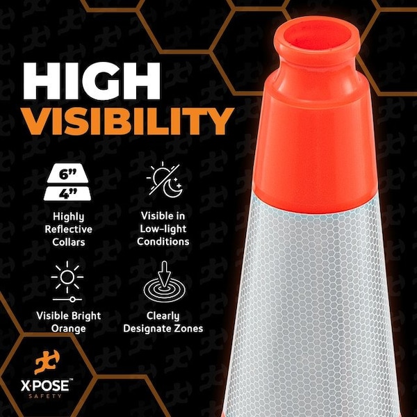Xpose Safety 28 In Orange Slim Line Traffic Cones with 6 & 4 Collars, 4-PK - OTC28SL-64-4-X-S