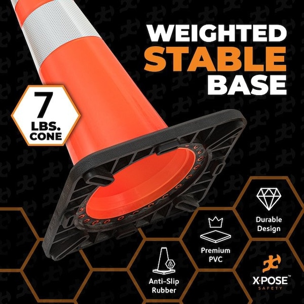 Xpose Safety 28 In Orange Slim Line Traffic Cones with 6 & 4 Collars, 4-PK - OTC28SL-64-4-X-S