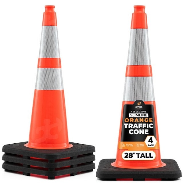 Xpose Safety 28 In Orange Slim Line Traffic Cones with 6 & 4 Collars, 4-PK - OTC28SL-64-4-X-S