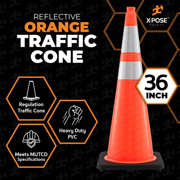 Xpose Safety Traffic Safety Cone, PVC, 36 in Height, 15 in Length, Orange - OTC36-64-HP125-X