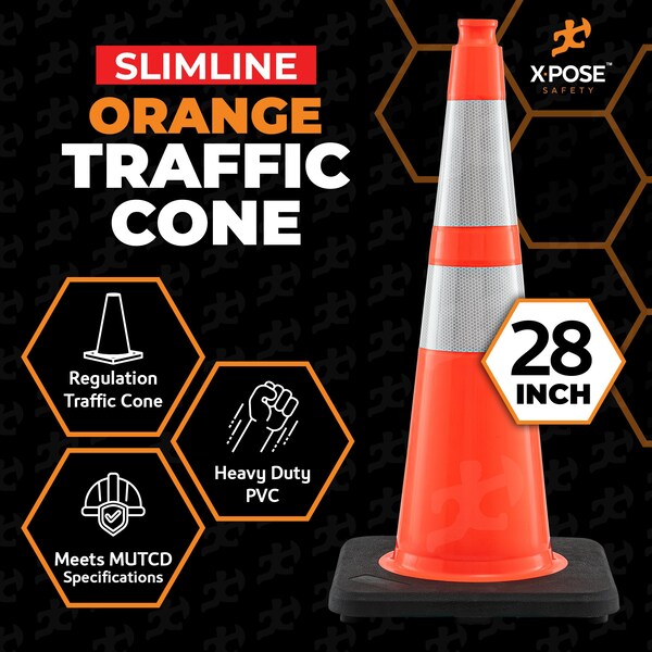 Xpose Safety Traffic Safety Cone, PVC, 28 in Height, 14 in Length, Orange - OTC28SL-64-HP150-X