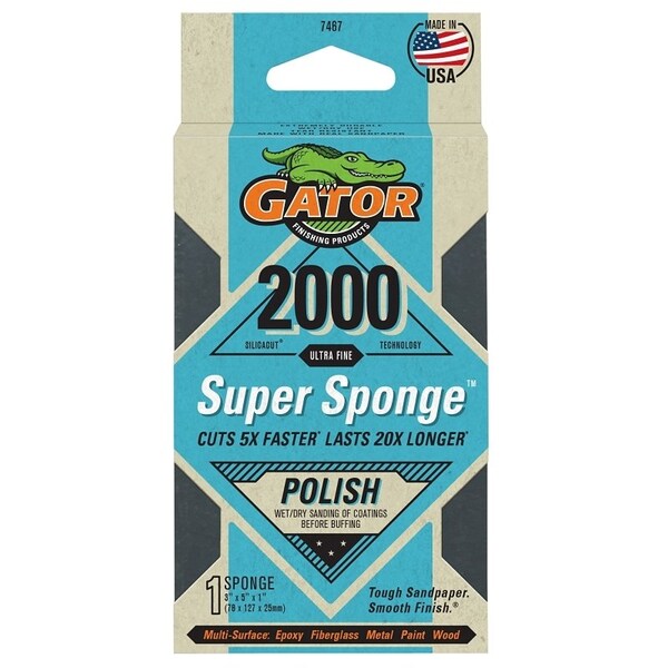 Gator Sanding Sponge, 5 in L, 3 in W, 2000 Grit, Ultra Fine, Silicon Carbide Abrasive - 7467