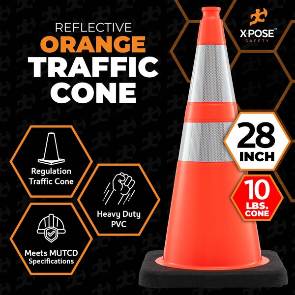 Xpose Safety Traffic Safety Cone, PVC, 28 in Height, 14 in Length, Orange - OTC28-64-10L-HP150-X