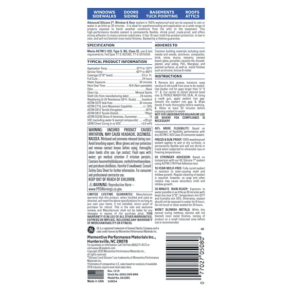 Silicone Ii GE Advanced Brown Silicone 2 Window and Door Caulk Sealant 10.1 oz - GE-5080