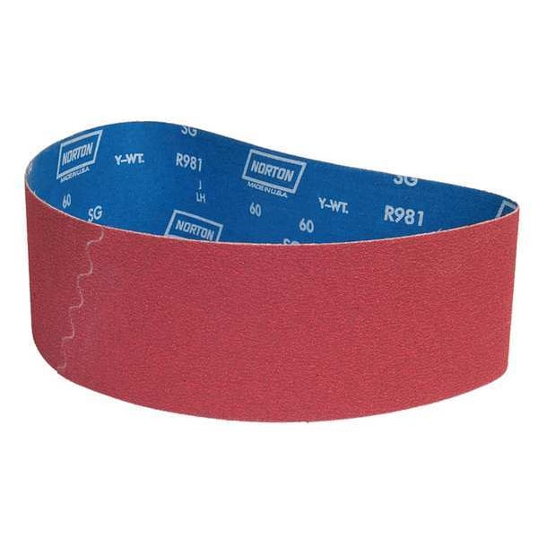 Norton Abrasives Sanding Belt, 4 in W, 36 in L, Coated, Ceramic, 60 Grit, Coarse, R981 SG, Red - 78072701344
