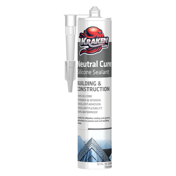 Krakenbond Krakenbond Neutral Cure, %100 Silicone, Construction Sealant, Window, Door, Kitchen, Bathroom, 10.1 oz, Clear - KR905NASS