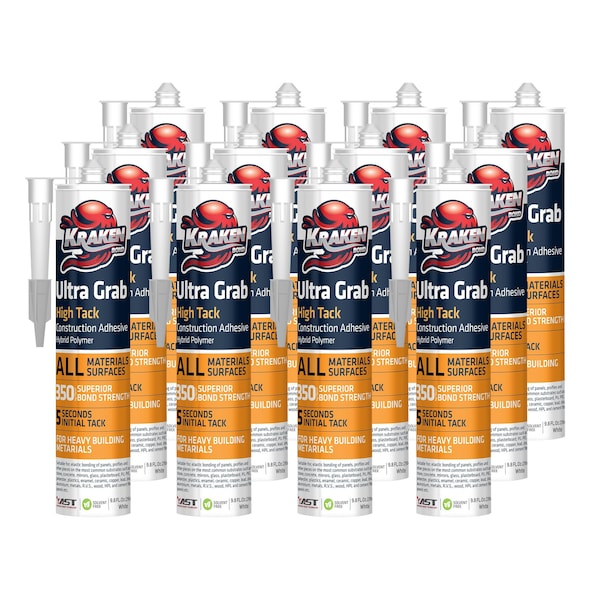 Krakenbond Krakenbond High Tack Construction Adhesive, Waterproof, Hybrid Sealant, 9.8 oz, White, 12PK - KR501APA-12
