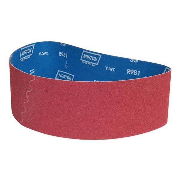 Norton Abrasives Sanding Belt, 4 in W, 79 in L, Coated, Ceramic, 36 Grit, Extra Coarse, R981 SG, Red - 66261022622