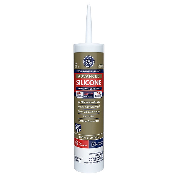 Ge Silicone Sealant, 10 oz, Cartridge, Clear, Silicone Base, Advanced Silicone - 2708923
