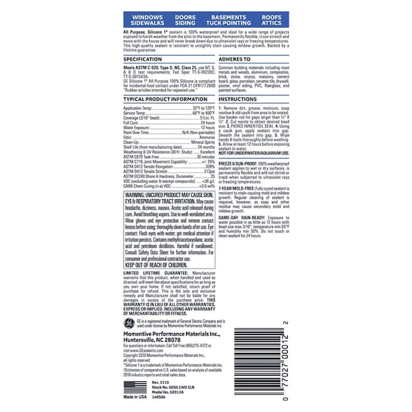 Silicone I GE Window & Door Clear Silicone 1 Window and Door Caulk Sealant 10.1 oz - 2795576