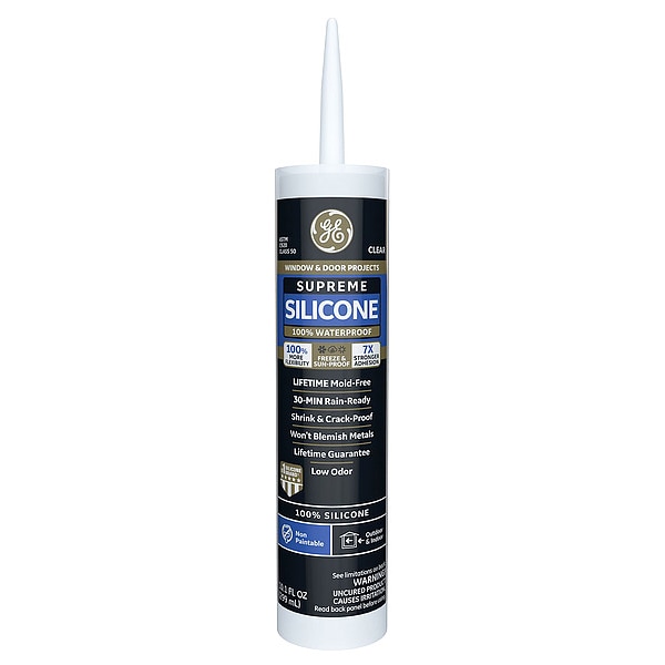 Ge Silicone Sealant, 10 oz, Cartridge, Clear, Silicone Base, Supreme Silicone - 2970967