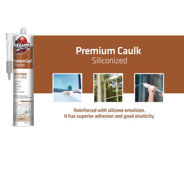 Krakenbond Krakenbond Premium Siliconized Caulk - All Purpose, Indoor & Outdoor, Paintable, 10.1 oz, White - KR401WHACS