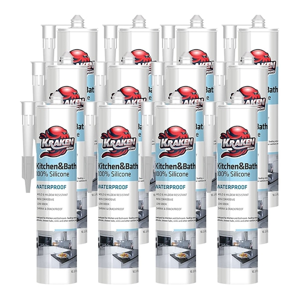 Krakenbond Krakenbond Kitchen and Bathroom Silicone, Waterproof, 100% Silicone 10.1 fl. oz, Clear, 12PK - KR100SCLRASS-12