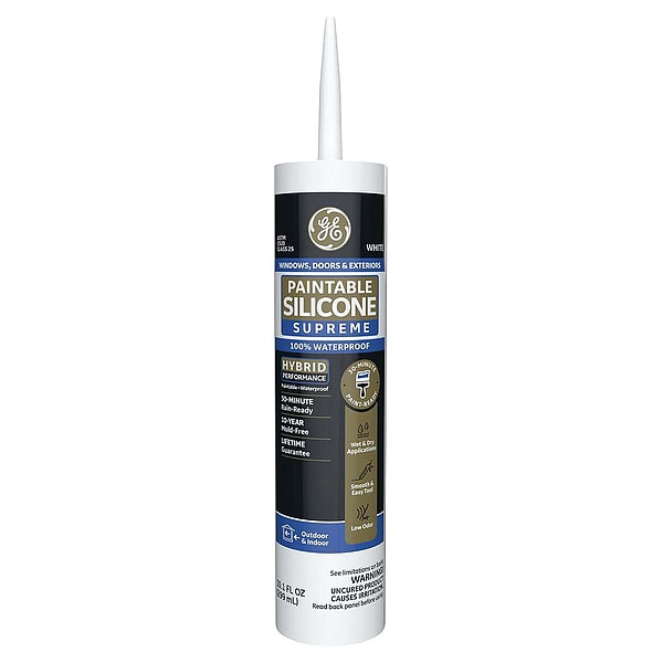 Ge Silicone Sealant, 10.1 oz, Cartridge, Whites, Silicone Base, Paintable Silicone Supreme - 2733730