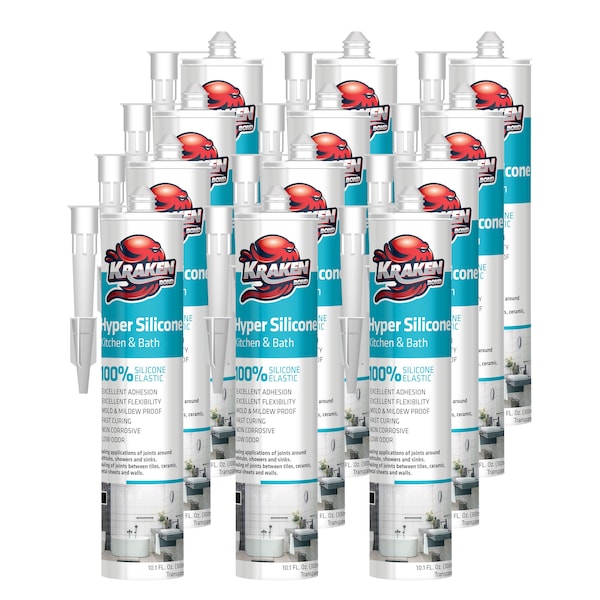 Krakenbond Krakenbond Kitchen & Bath, %100 Silicone, Waterproof Anti Shrink, Shower, Sink, 10.1 oz, Clear, 12PK - KR918NSCLRNSS-12