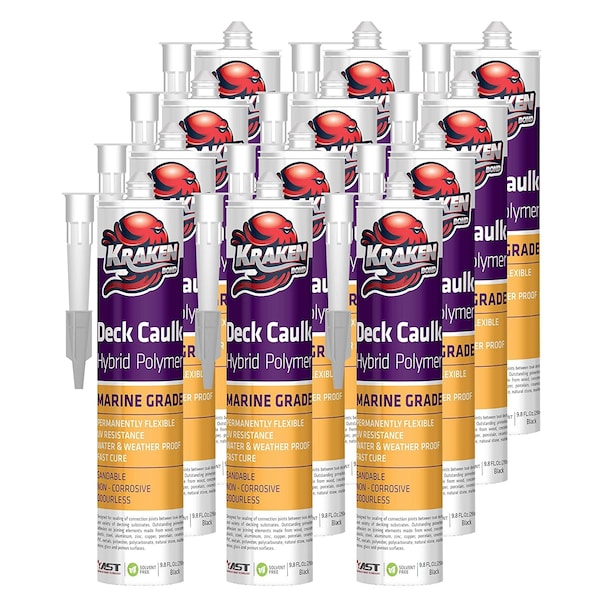 Krakenbond Krakenbond Deck Caulk - Hybrid Polymer Sealant - All Purpose Industrial Adhesive & Sealants, 9.8 oz, Black, 12PK - KR804APS-12