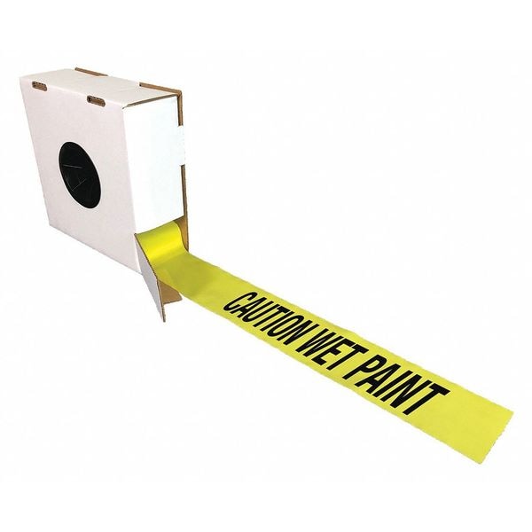 Zoro Select Barricade Tape with Reel, Caution Wet Paint, Yellow, 3 in Wide x 1,000 ft Length, Polyethylene - B3104Y45-200