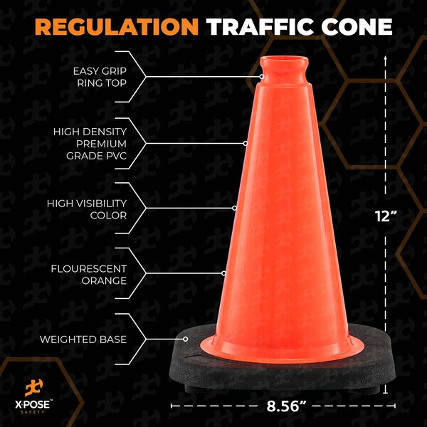 Xpose Safety Traffic Safety Cone, PVC, 12 in Height, 9 in Length, Orange - OTC12-HP440-X