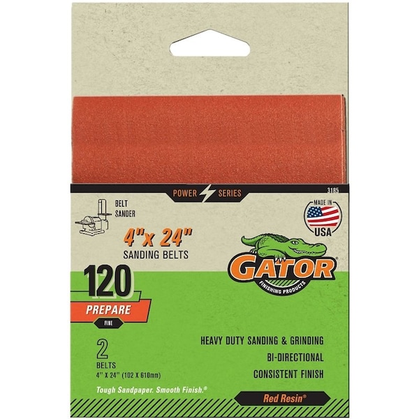 Gator Sanding Belt, 4 in W, 24 in L, 120 Grit, Fine, Aluminum Oxide Abrasive - 3185