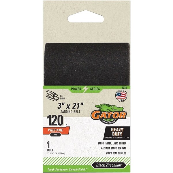 Gator Sanding Belt, 3 in W, 21 in L, 120 Grit, Fine, Zirconium Oxide Abrasive - 7775
