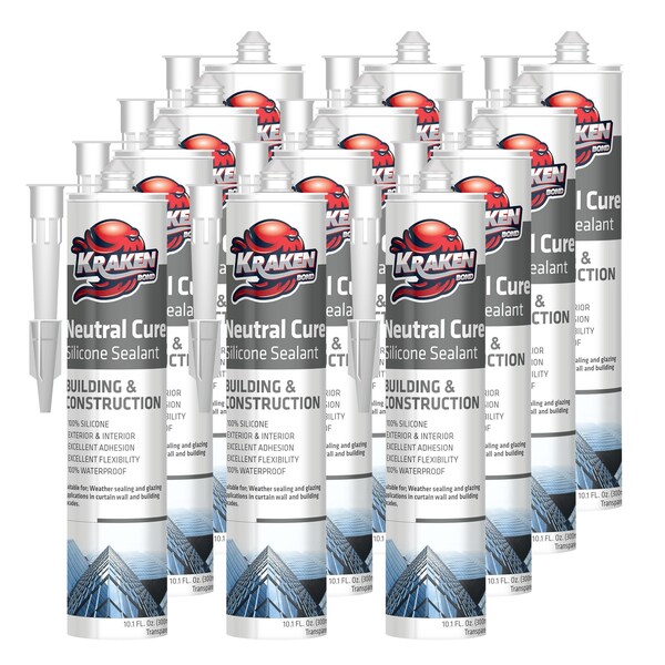 Krakenbond Krakenbond Neutral Cure, %100 Silicone, Construction Sealant, Window, Door, Kitchen, Bathroom, 10.1 oz, Clear, 12PK - KR905NASS-12
