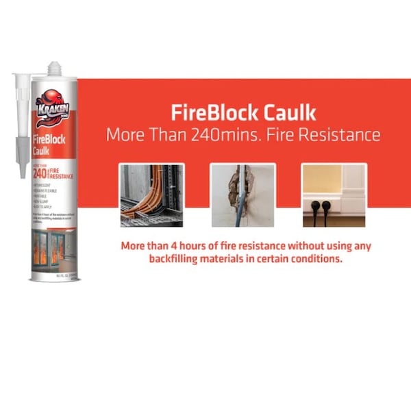 Krakenbond Krakenbond Fire Block Acrylic Caulk for Stone, Concrete, Cement, Heat Resistant, Paintable, 10.1 oz, White - KR1201FRS