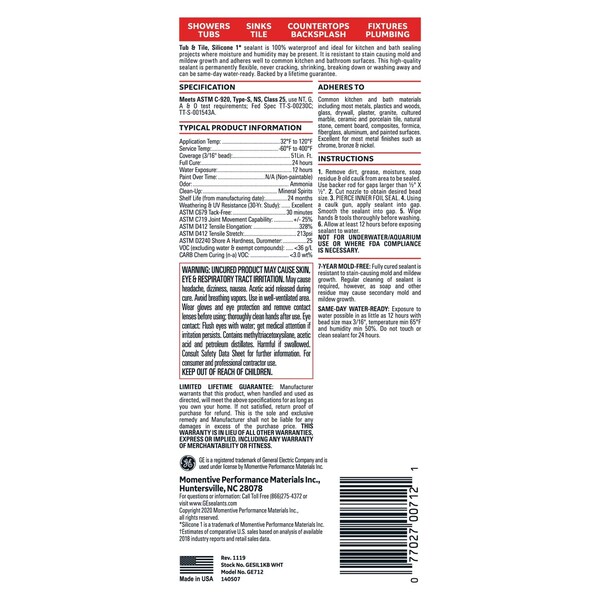 Silicone I GE Tub & Tile White Silicone 1 Tub and Tile Caulk Sealant 10.1 oz - 2749484