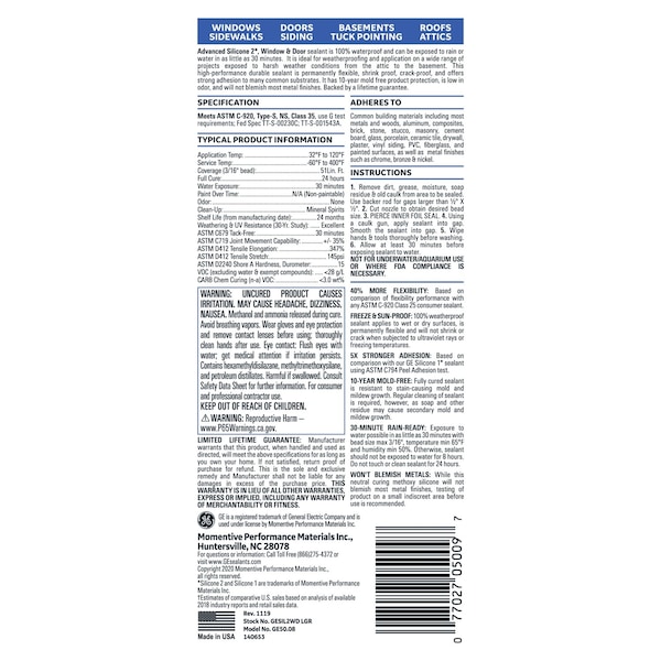 Silicone Ii GE Advanced Light Gray Silicone 2 Window and Door Caulk Sealant 10.1 oz - GE50.08