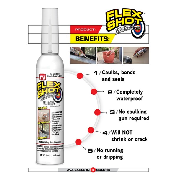 Flex Shot Flex Seal Family of Products Flex Shot White Rubber All Purpose Waterproof Sealant 8 oz - FSH8W-4