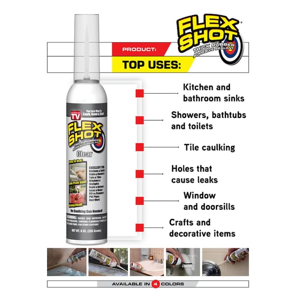 Flex Shot Flex Seal Family of Products Flex Shot White Rubber All Purpose Waterproof Sealant 8 oz - FSH8W-4