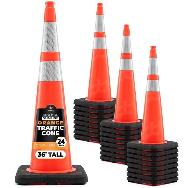 Xpose Safety 36 In Orange Slim Line Traffic Cones with 6 & 4 Collars, 24-PK - OTC36SL-64-24-X
