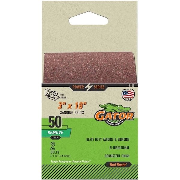 Gator Sanding Belt, 3 in W, 18 in L, 50 Grit, Coarse, Aluminum Oxide Abrasive - 3169