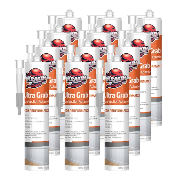 Krakenbond Krakenbond Ultra Grab Construction Adhesive - Seal Concrete, Tile, Glass, Granite, Wood, Instant Grab, 10.1 oz, 12PK - KR310ACS-12