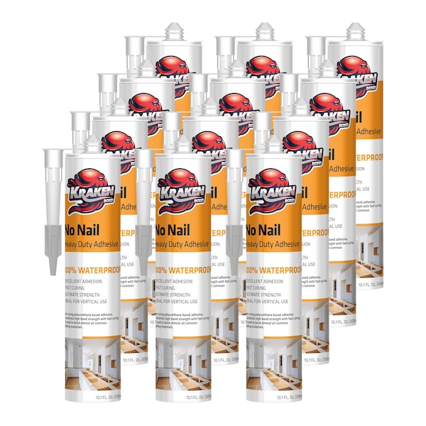 Krakenbond Krakenbond No Nail Construction Adhesive, Waterproof Heavy Duty Sealant, 10.1 oz, Clear, 12PK - KR510PA-12