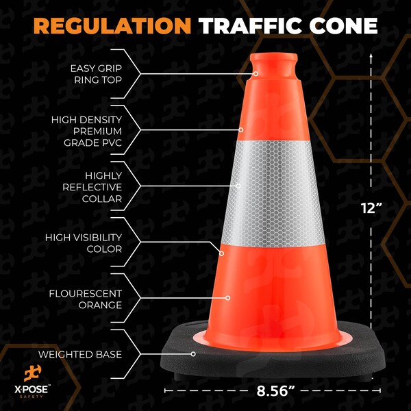 Xpose Safety Traffic Safety Cone, PVC, 12 in Height, 9 in Length, Orange - OTC12-4-48-X
