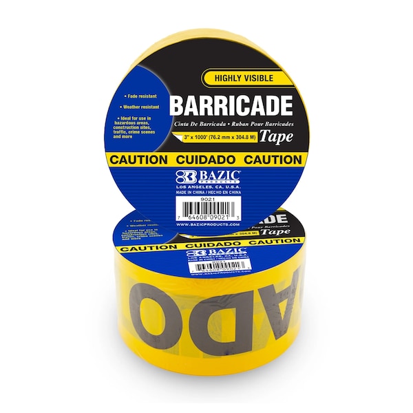 Bazic Products CAUTION Barricade Tape, Yellow, 3in. x 1000ft. - 9021