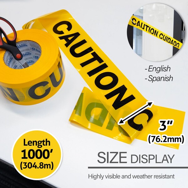 Bazic Products CAUTION Barricade Tape, Yellow, 3in. x 1000ft. - 9021