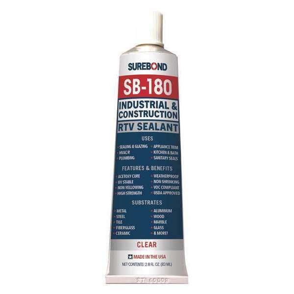 Surebond Acetoxy Cure Silicone Sealant, 2.8 oz, Clear, Temp Range -62 to 350 Degrees F - SB-180 SQ CL
