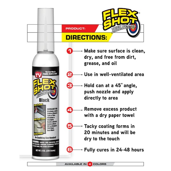 Flex Shot Flex Seal Family of Products Flex Shot Black Rubber All Purpose Waterproof Sealant 8 oz - FSH8B-4
