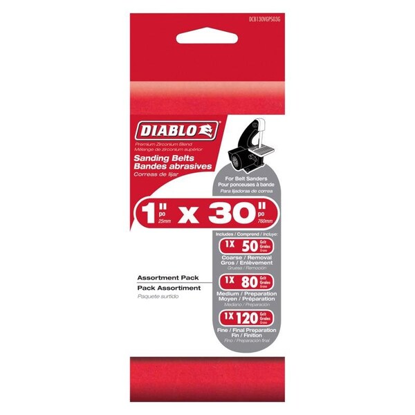 Diablo Cloth Belt, 1 in W, 30 in L, 50/80/120 Grit, Multi-Grade, Zirconium - DCB130VGPS03G
