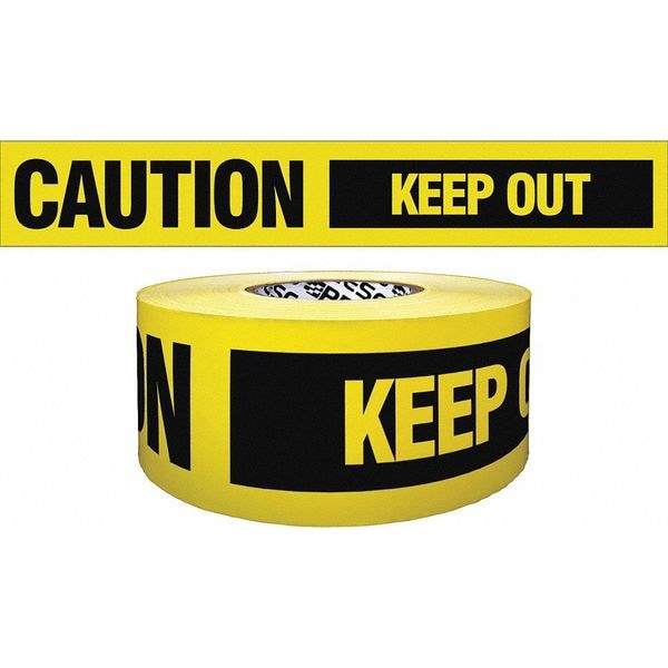 Zoro Select Barricade Tape, Caution Keep Out, Yellow, 3 in Wide x 200 ft Length, Polyethylene, 4 mil - B324Y1852-200