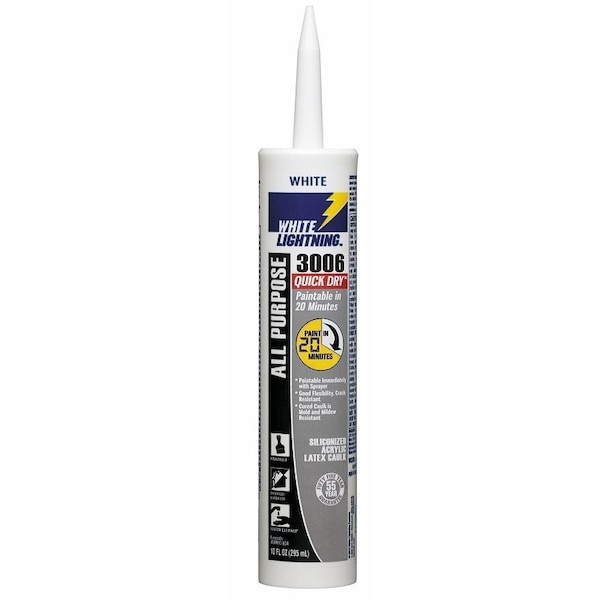 White Lightning 3006 Quick Dry Caulk, White, 7 days Curing, 40 to 140 deg F, 10 fl-oz Syringe - W12QD0010