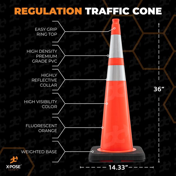 Xpose Safety Traffic Safety Cone, PVC, 36 in Height, 15 in Length, Orange - OTC36SL-64-FP252-X