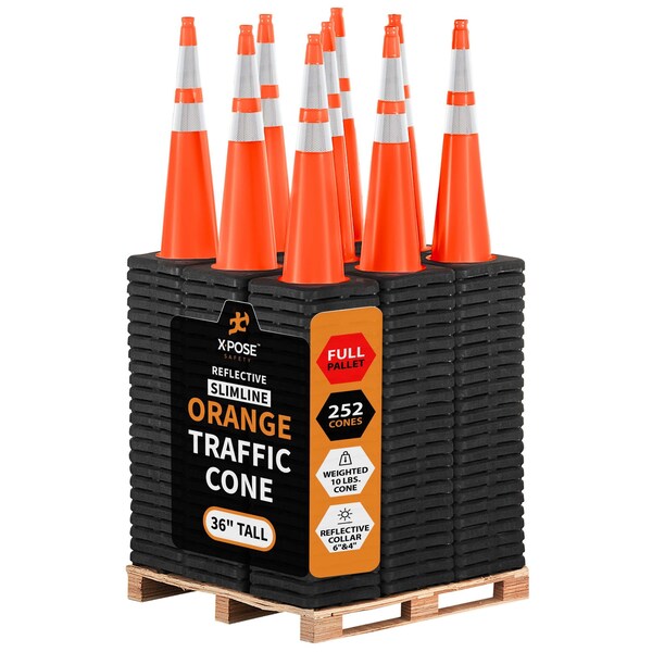 Xpose Safety Traffic Safety Cone, PVC, 36 in Height, 15 in Length, Orange - OTC36SL-64-FP252-X