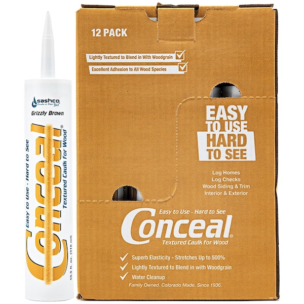 Conceal 10.5 Oz Sashco Grizzly Brown Water-Based Textured Caulk, 12PK - 46090