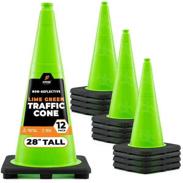 Xpose Safety Traffic Safety Cone, PVC, 28 in Height, 14 in Length, Lime Green - LTC28-12-X